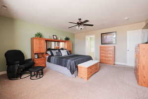 Spacious room featuring carpeting, a ceiling fan with integrated lighting, and a two-tone wall finish
