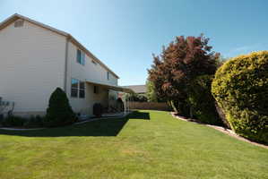 Expansive backyard featuring a large green lawn, mature trees and shrubs along the perimeter, and a covered patio with direct access to the residence