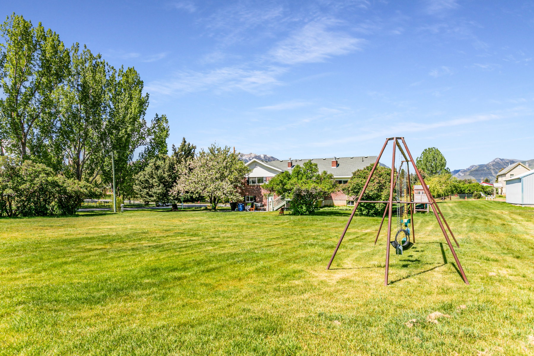 Expansive green lawn with mature trees and a swing set