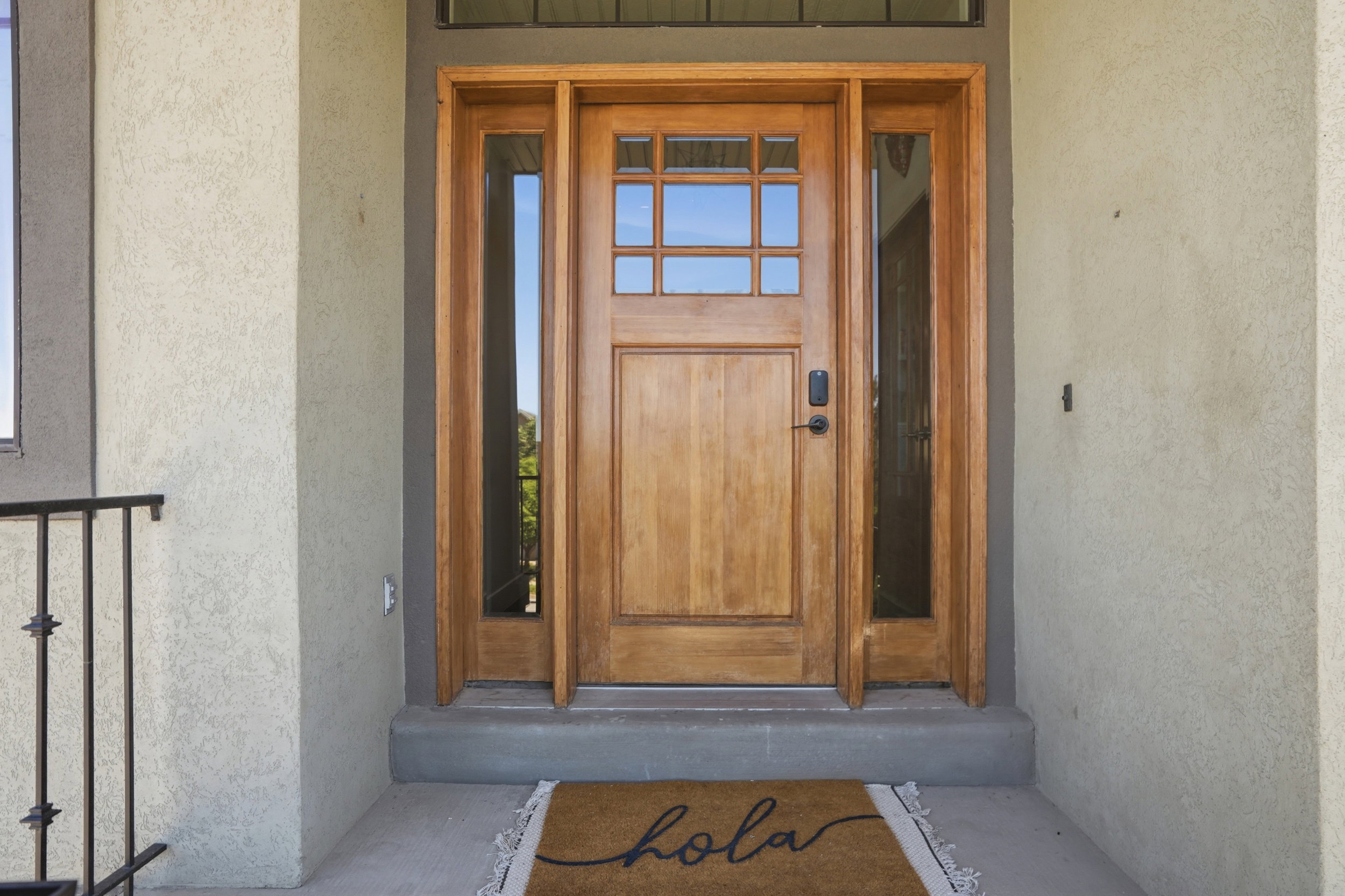 Natural wood-finish front door with glass paneling oh and a great view when leaving the home.