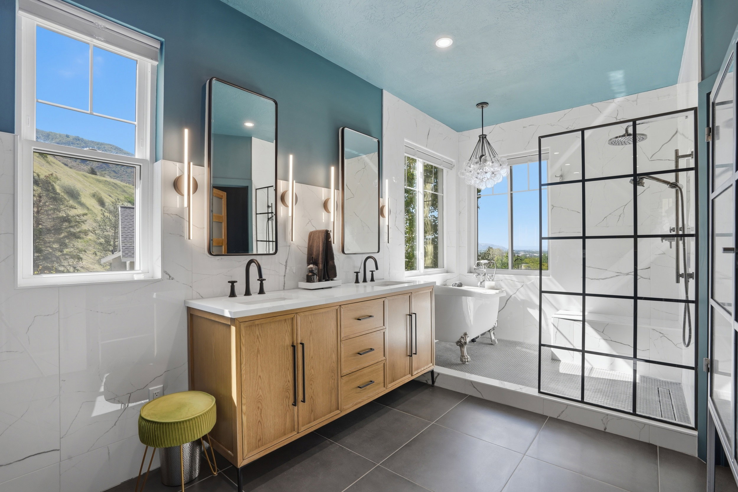 Dual vanity with natural oak vanity with quartz countertop
