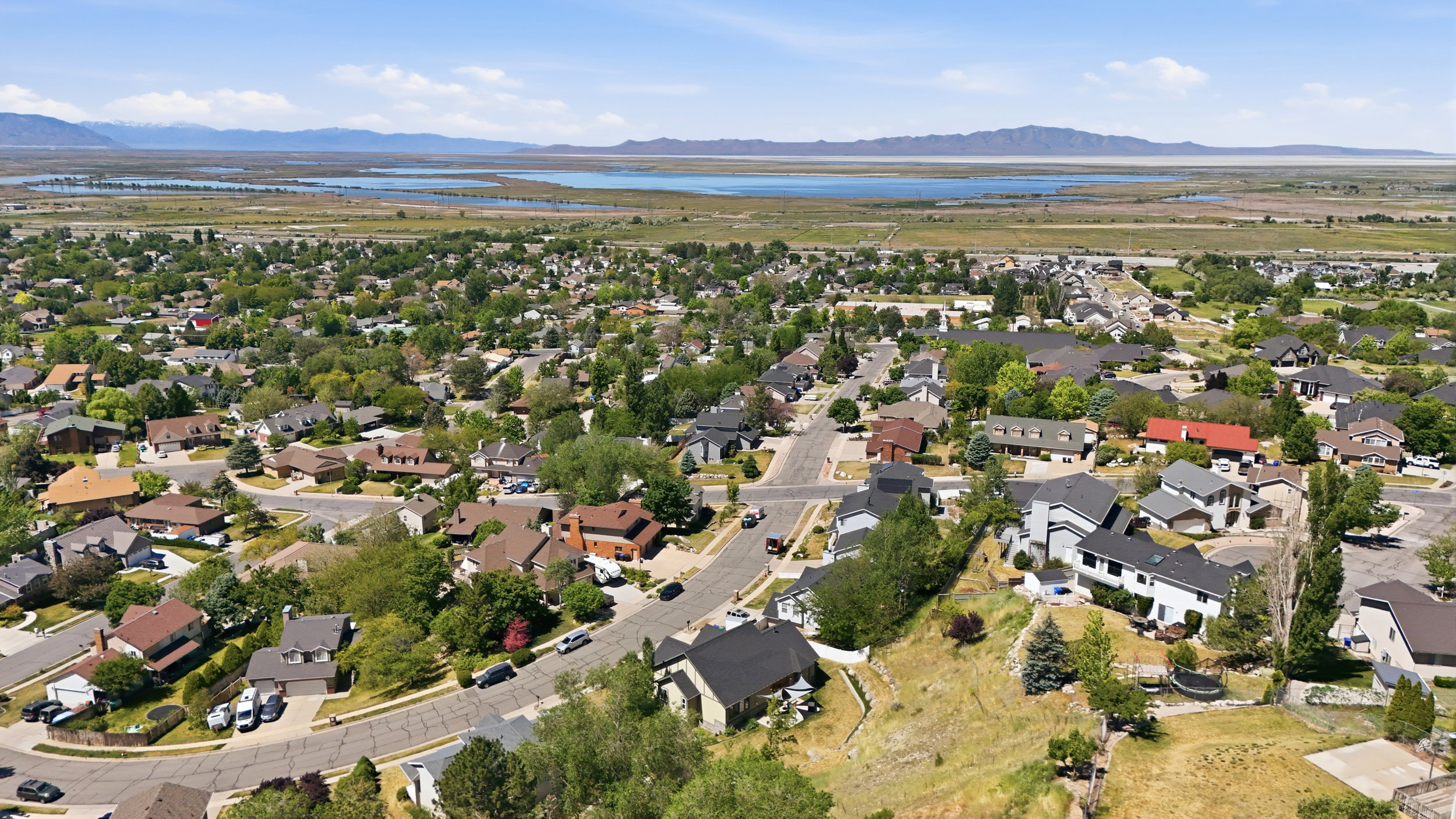 Expansive aerial view showcasing your new neighborhood with mature trees and diverse residential architecture