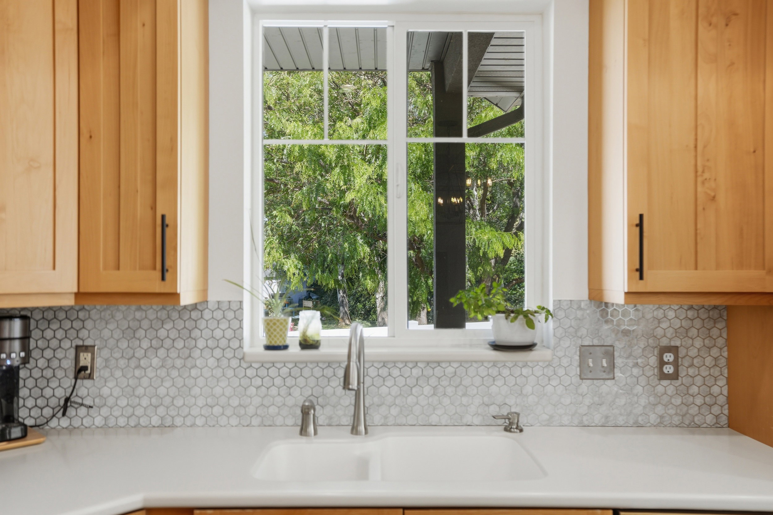 Double basin sink with a chrome faucet and greenery all around outsdie