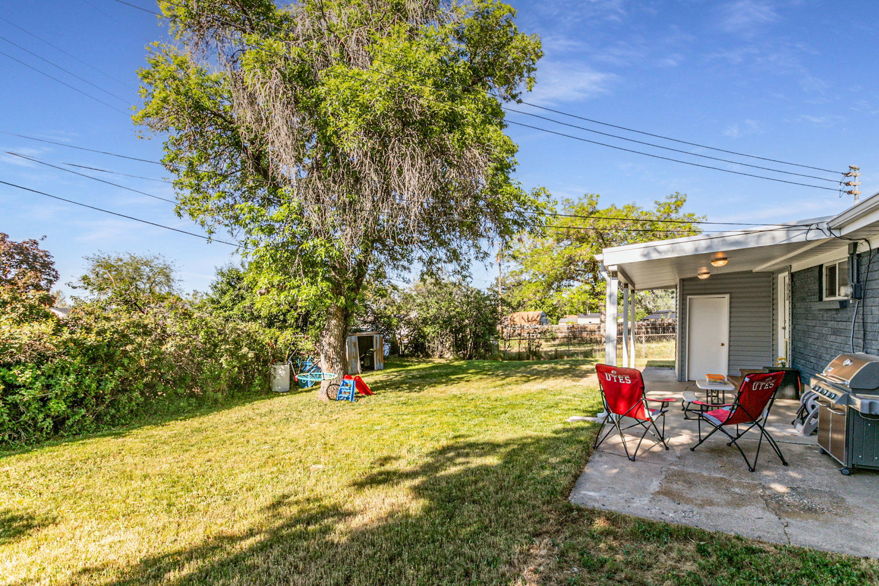 Spacious backyard featuring a covered patio, expansive lawn, mature shade tree, and detached storage shed