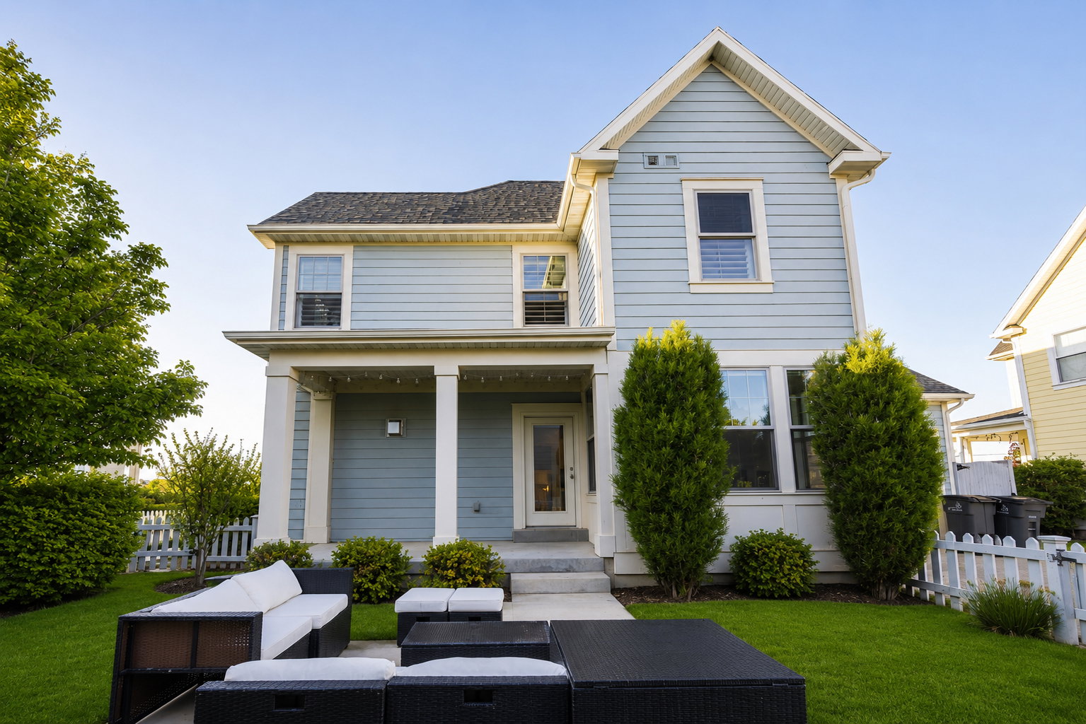 Light blue siding exterior featuring a covered porch with white columns, a concrete patio, a manicured lawn, and a white picket fence