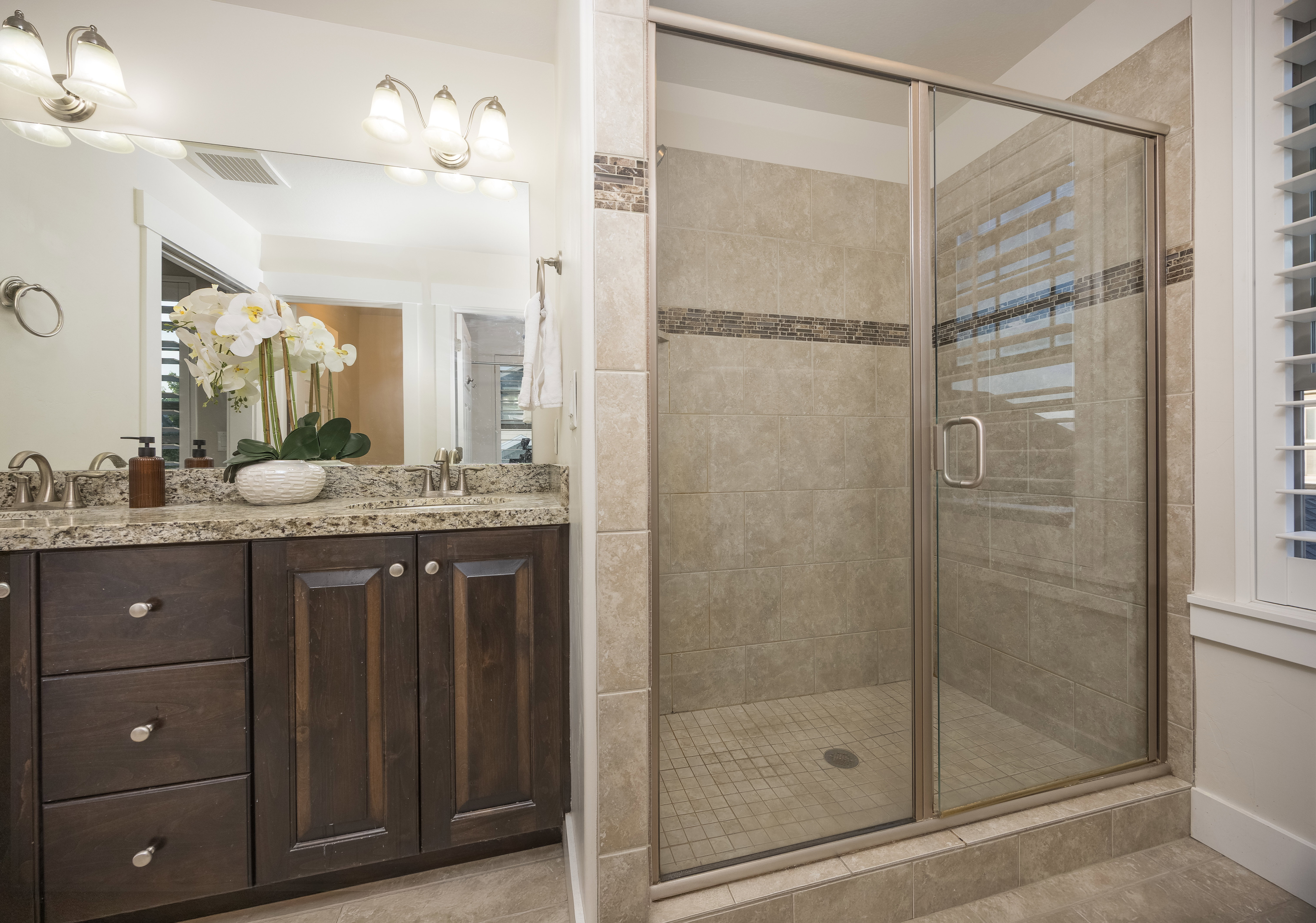Bathroom featuring a dual vanity with a stone countertop, dark wood cabinetry, and brushed nickel hardware