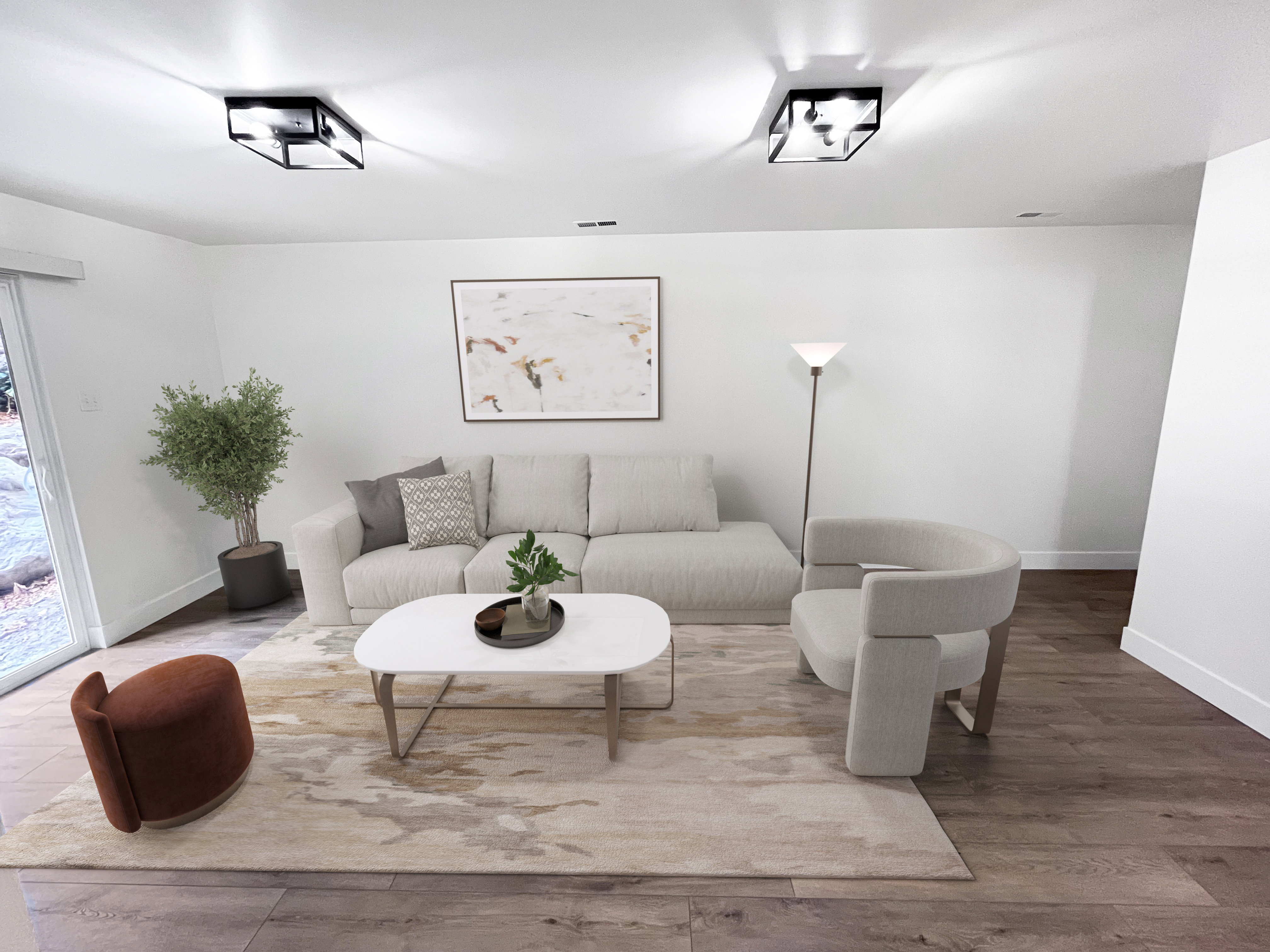 VIRTUALLY STAGED-Living room featuring warm tones, fresh wood style flooring and newly painted timeless two-toned paint with large, modern baseboards
