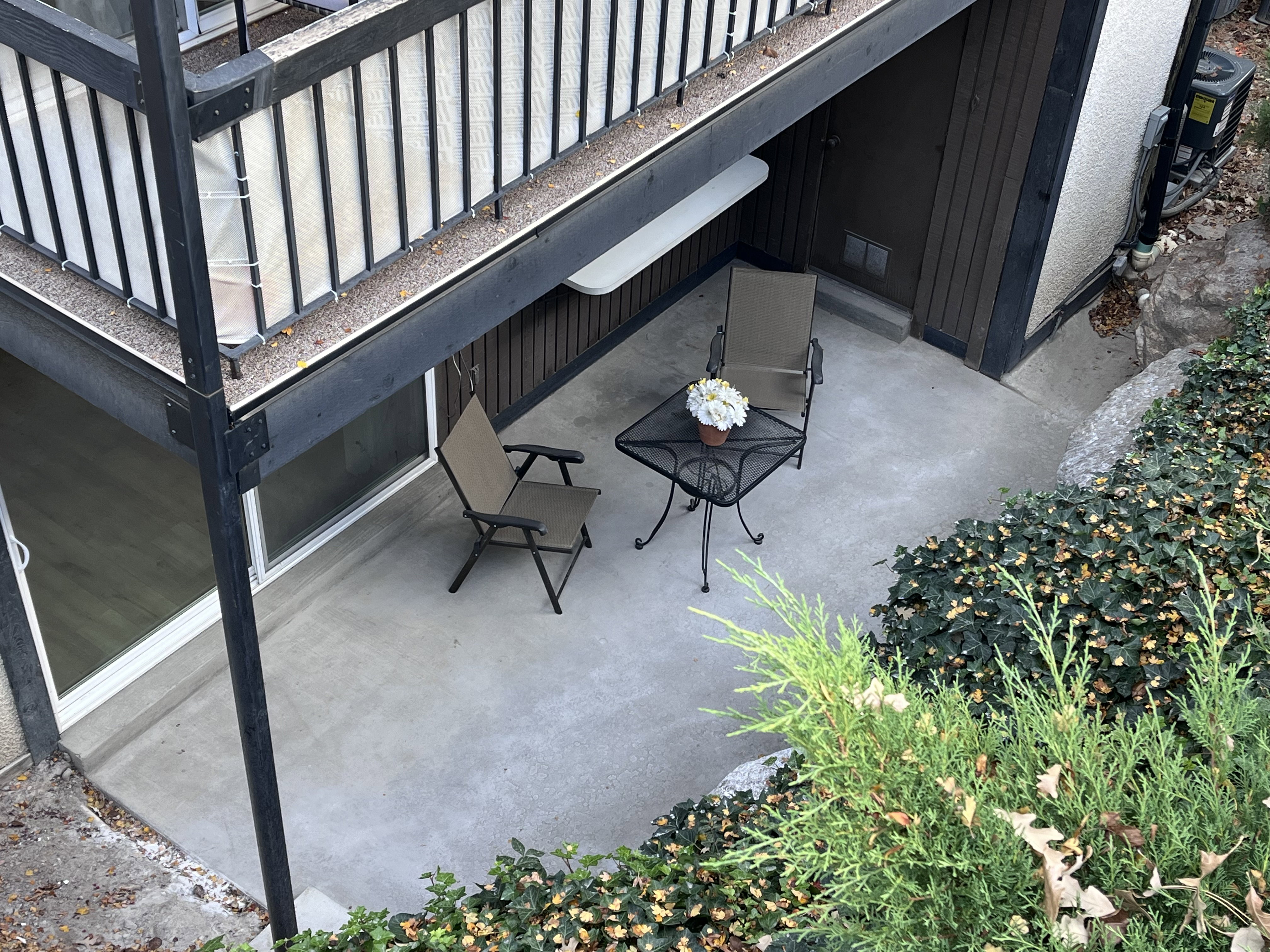 Spacious private patio with surrounding mature greenery