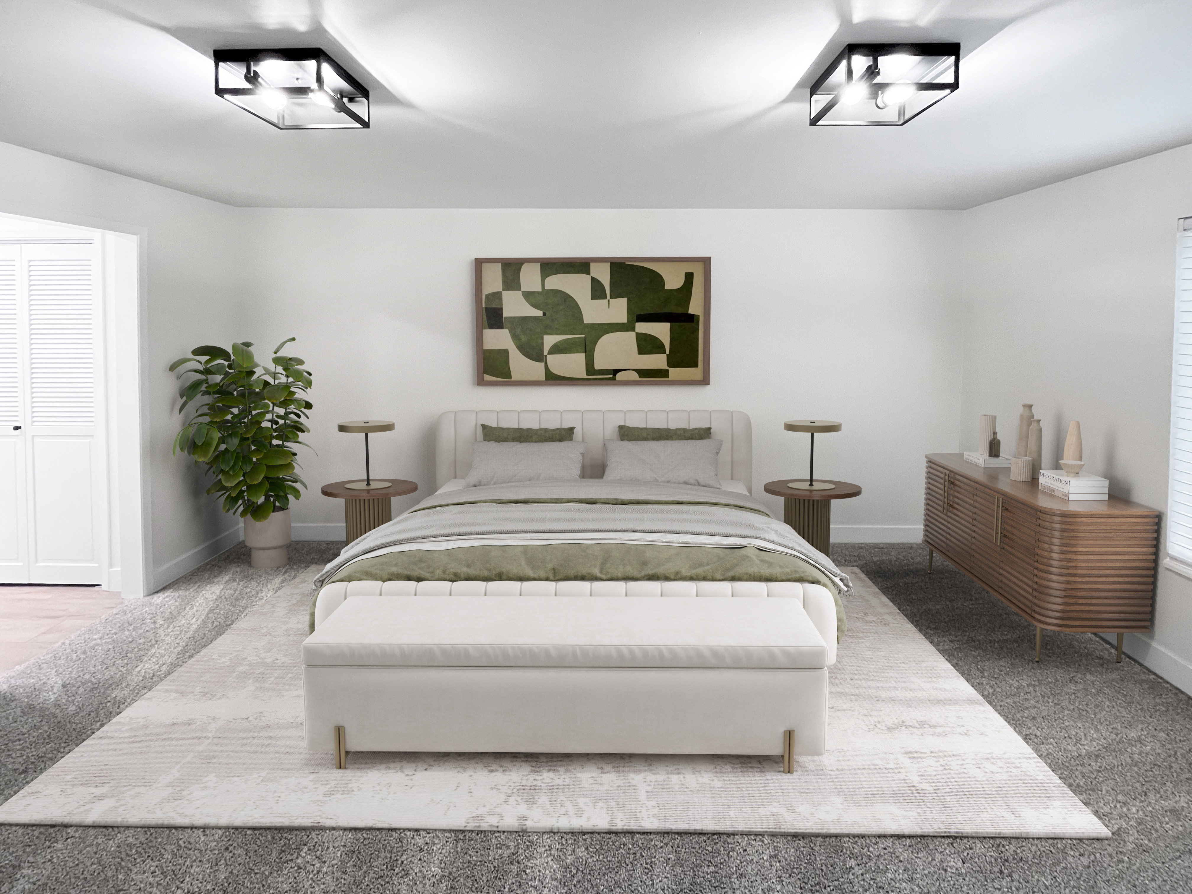 VIRTUALLY STAGED-Primary Bedroom featuring tall baseboards, cozy plush carpet, warm tones, and convenient bathroom