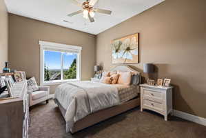 Carpeted bedroom featuring a large window with white trim, a ceiling fan with integrated lighting, and neutral wall tones