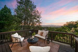 Expansive outdoor deck featuring dark wood decking and a perimeter railing