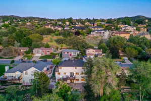 Residential hillside neighborhood with mature trees and a range of single-family homes