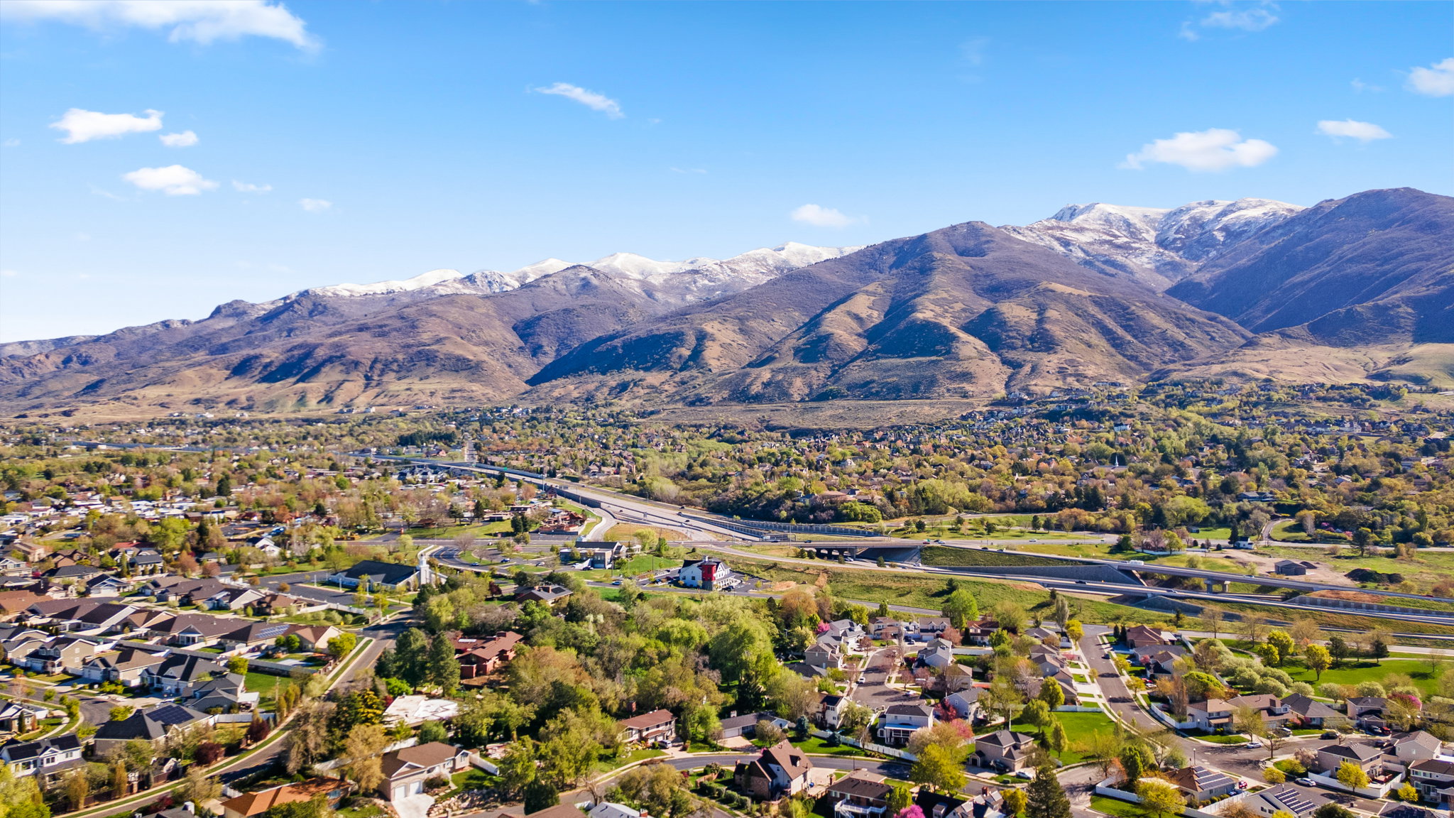 Aerial perspective showcasing a residential area with varied housing styles
