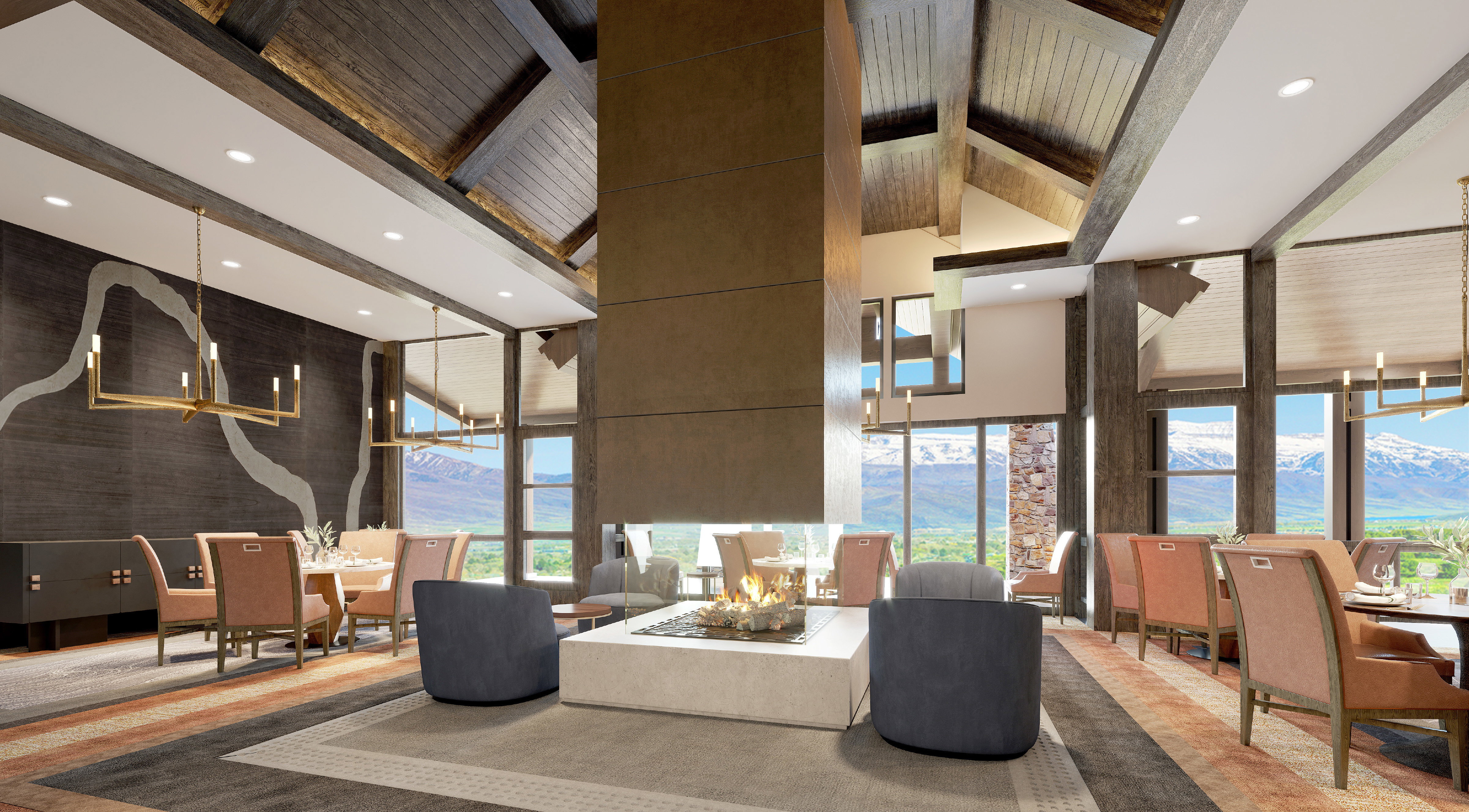 Great room featuring a central three-sided fireplace, vaulted wood beam ceilings, large windows, recessed lighting, and a linear chandelier