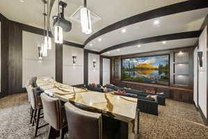 Dedicated home theater featuring a large projection screen, tiered seating, and integrated media cabinetry