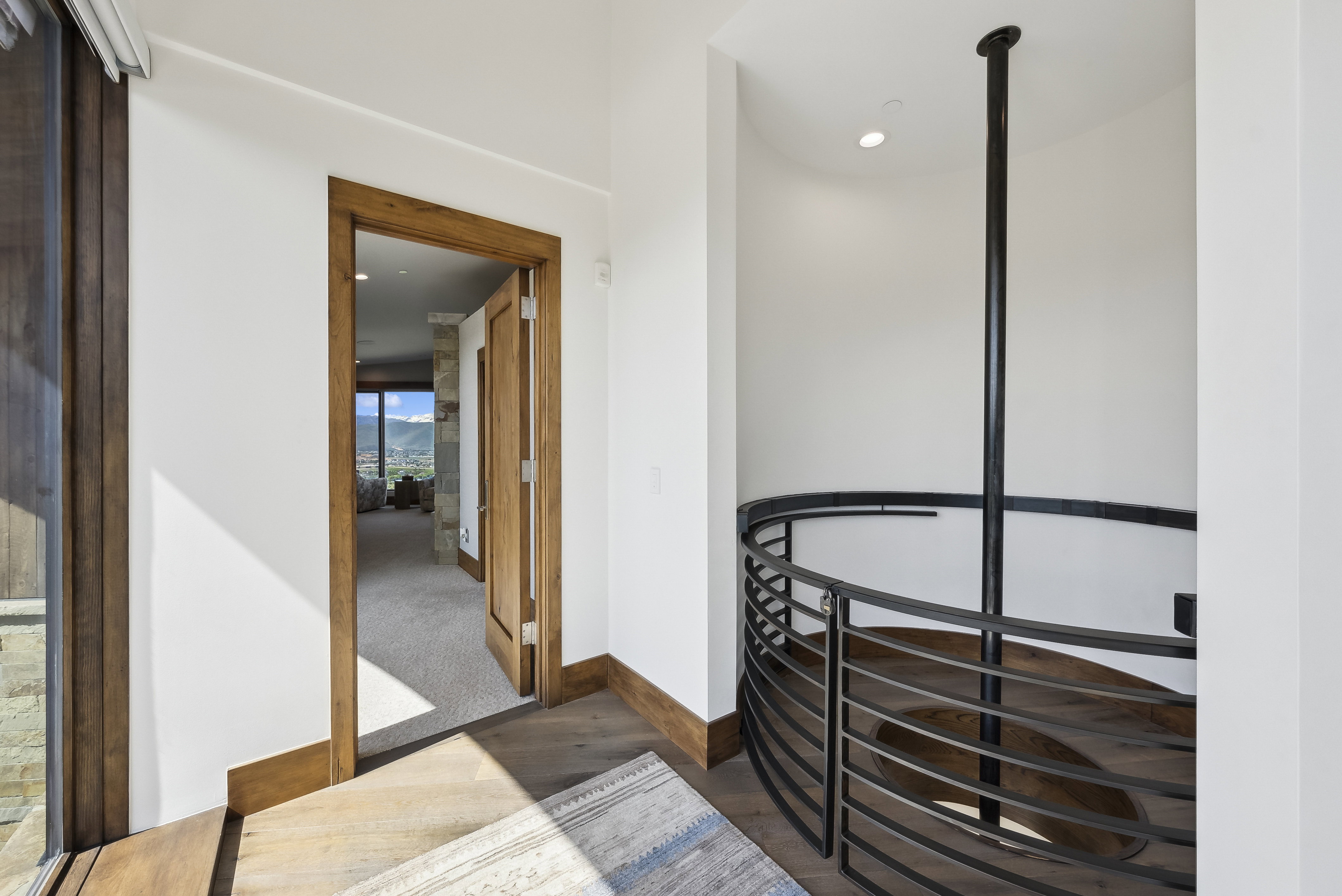 Curved staircase featuring a wrought iron railing and wood-finish treads