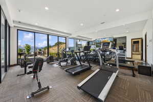 Dedicated fitness room featuring wall-to-wall mirrors, recessed lighting, and large format windows