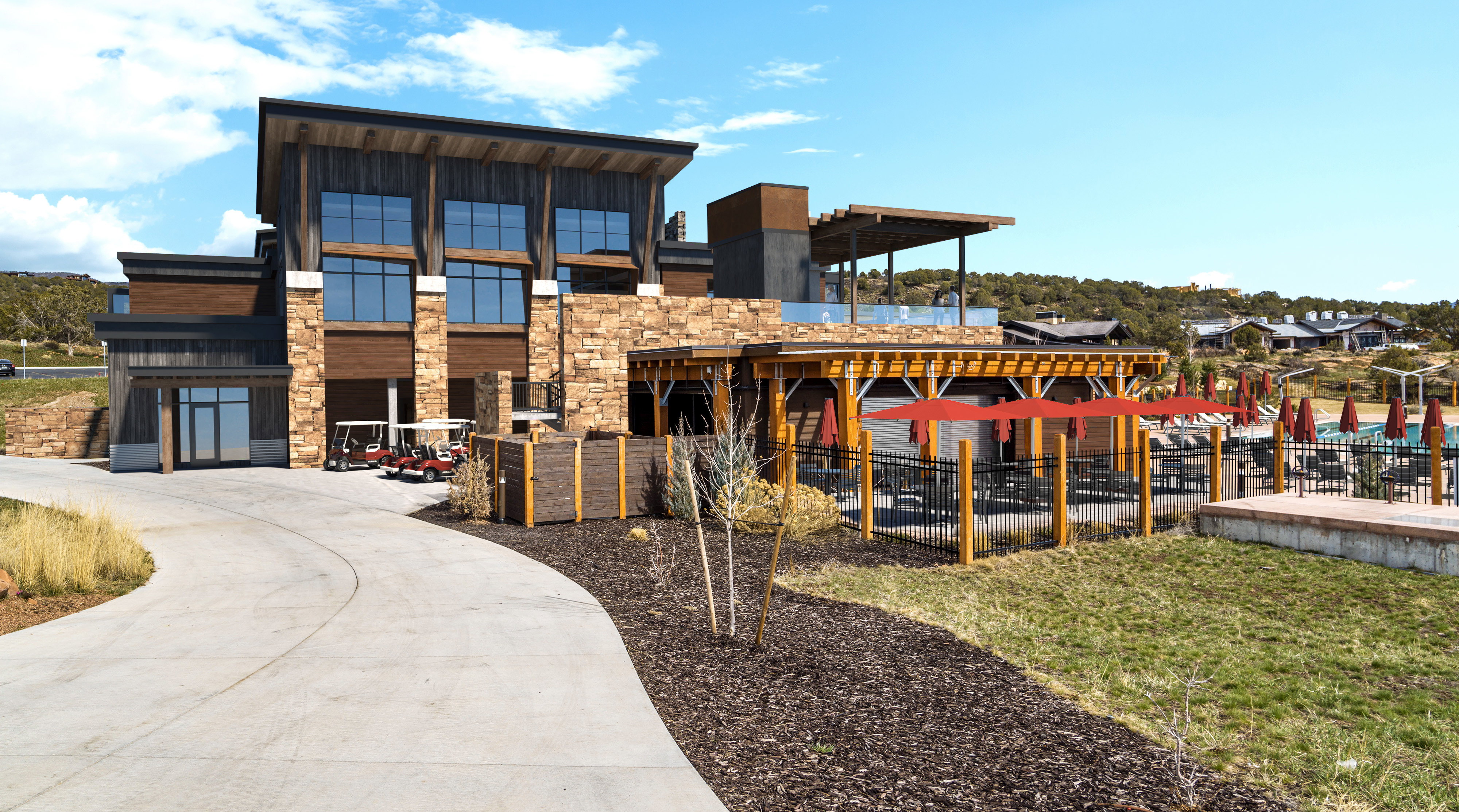 Contemporary multi-level building with stone and wood siding