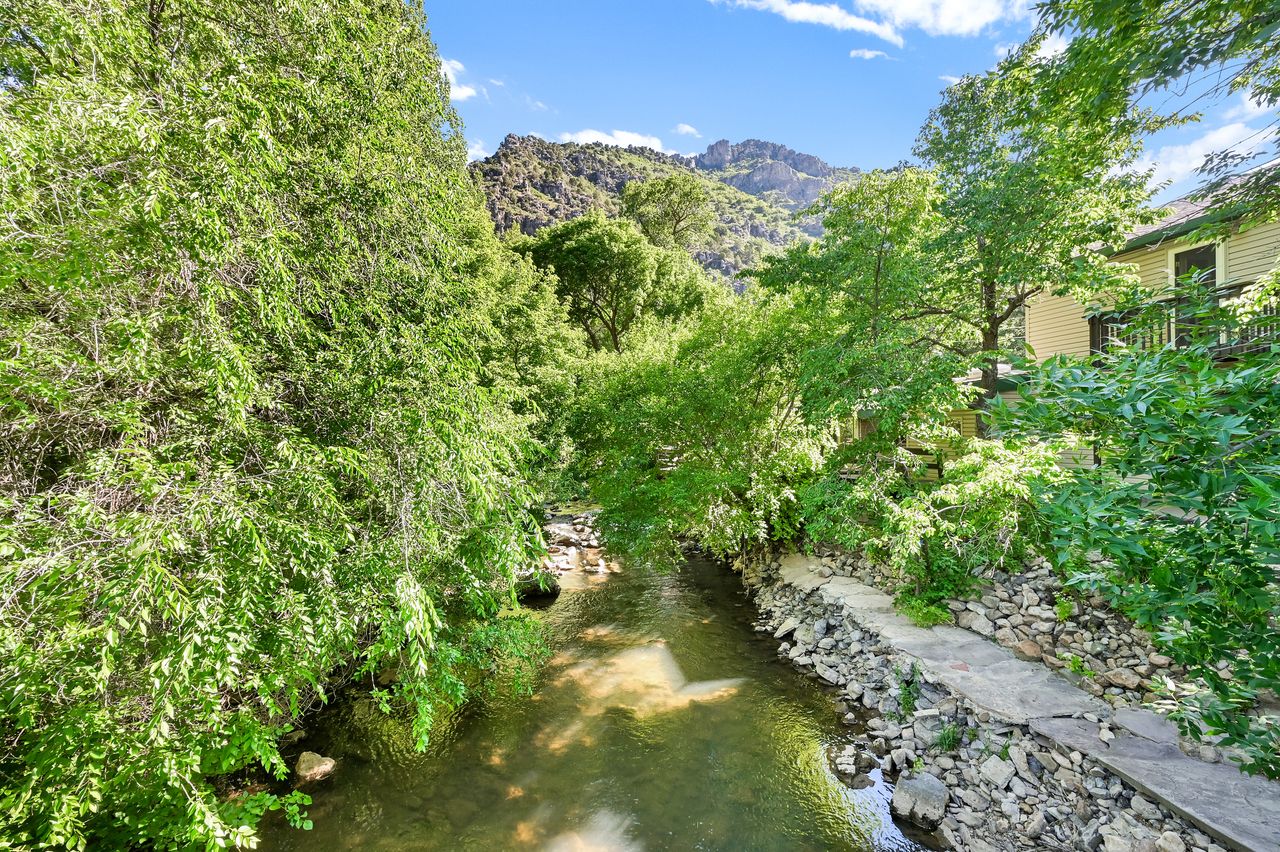 Creek frontage surrounded by lush deciduous trees and a rocky mountain backdrop