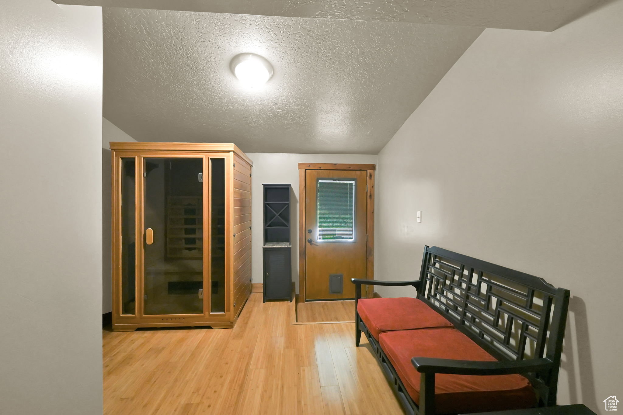 Hardwood-finish flooring throughout this room, featuring a built-in wood sauna with glass doors, a wood-paneled exterior door with a window, and overhead flush-mount lighting