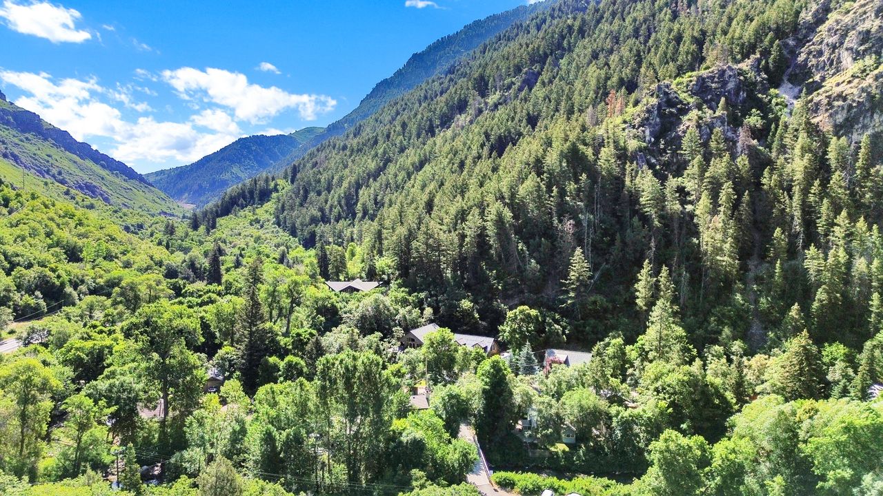 Mountain valley setting featuring extensive tree coverage and multiple structures nestled within the landscape