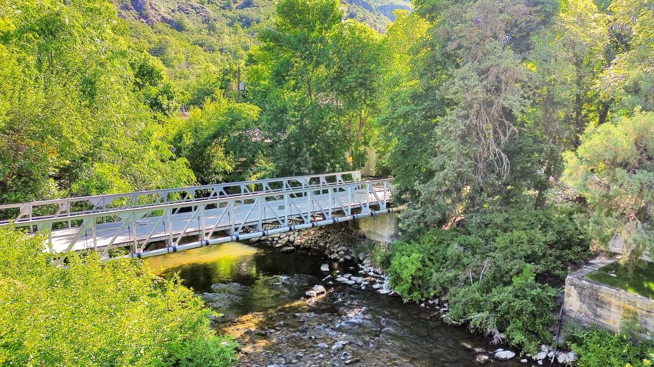 Pedestrian bridge spanning a rocky river, surrounded by dense green foliage and mature trees