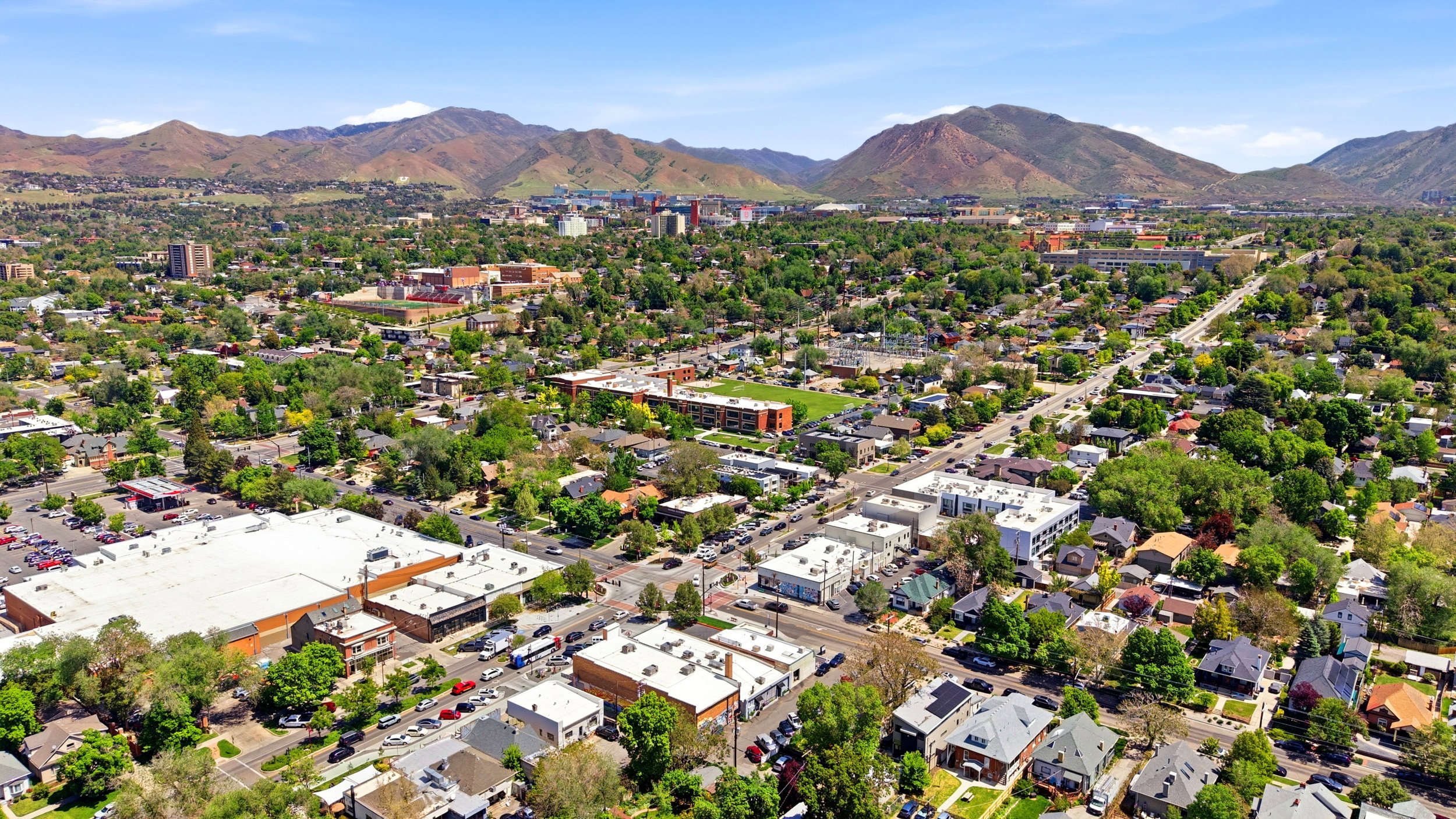 Expansive urban landscape featuring a mix of residential and commercial structures, surrounded by abundant mature trees and verdant green spaces