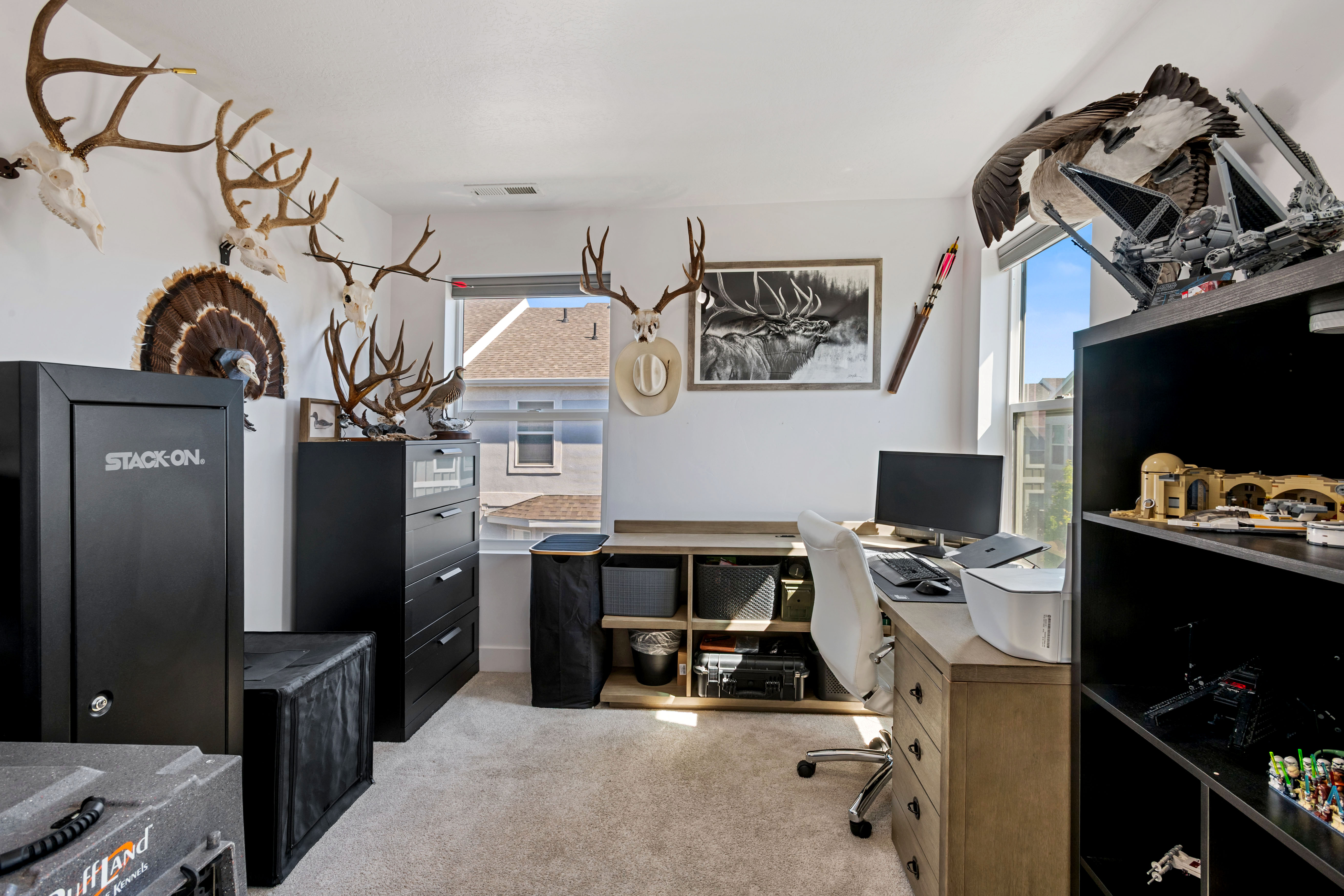Bright room featuring two windows, carpeted flooring, a built-in wood-finish desk, and a black built-in shelving unit