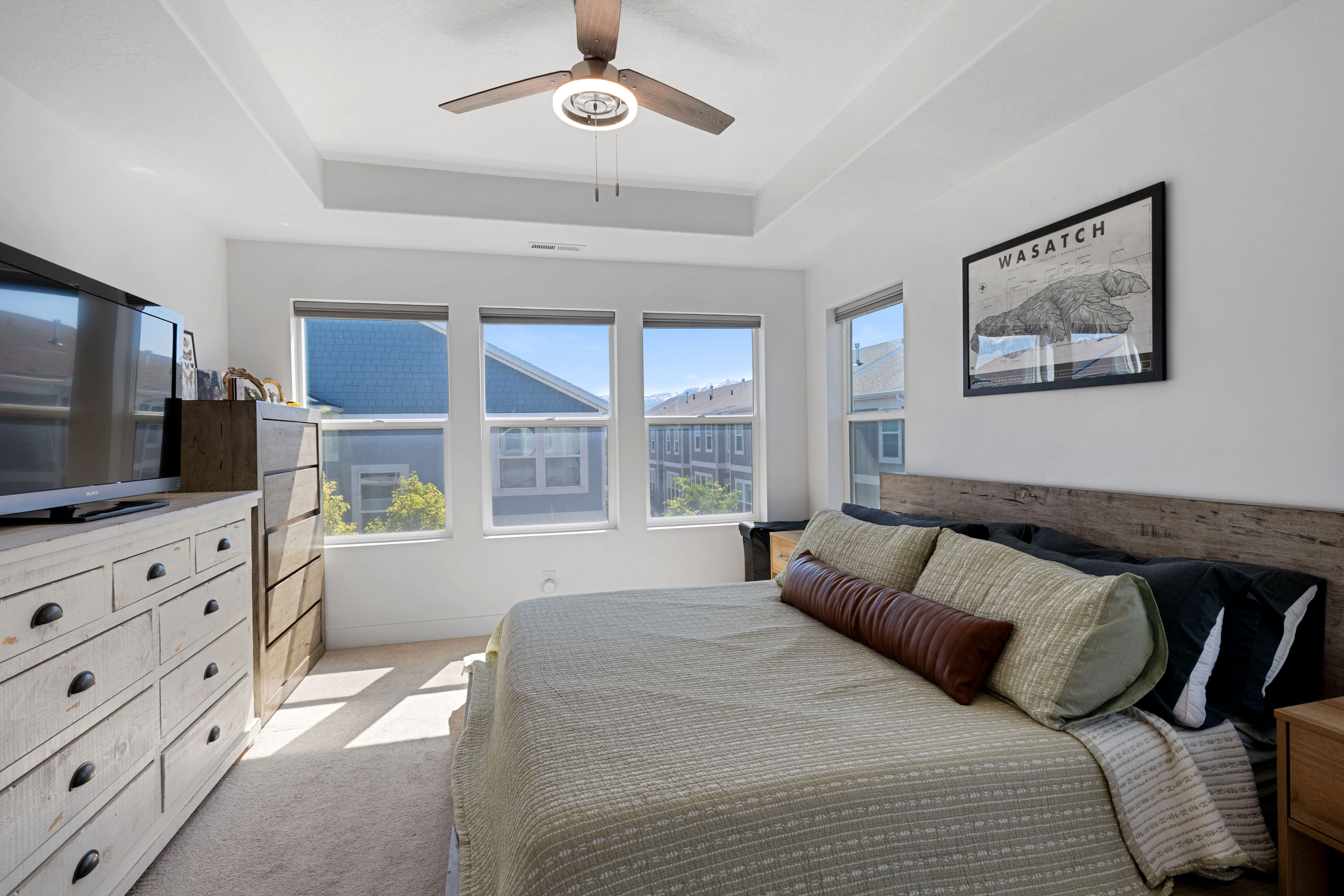 Bedroom featuring a tray ceiling with a ceiling fan, three horizontal windows with roller shades, and light-colored carpet flooring