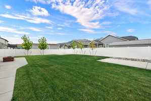 Expansive backyard featuring a large green lawn, concrete patio, and a built-in brick fire pit