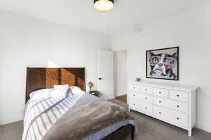 Carpeted room with a dark wood-finish bed frame, white walls, and a ceiling-mounted light fixture