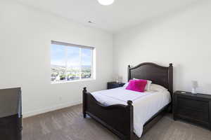 Bright room featuring plush carpeting, white walls, and a large window with roller shades
