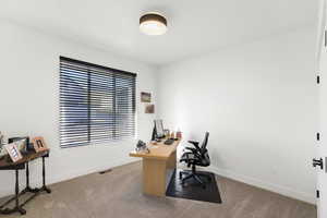 Spacious room featuring a large window with horizontal blinds, neutral-toned carpeting, and a flush-mount ceiling light fixture