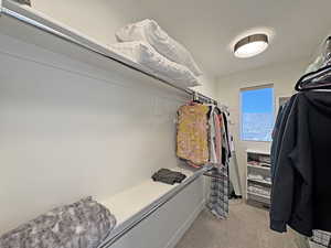 Walk-in closet featuring built-in shelving, chrome hanging rods, recessed lighting, and a window with mountain scenery