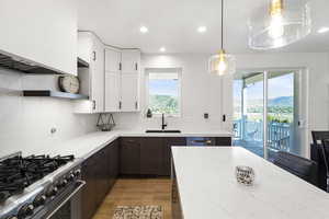 Modern kitchen with white upper cabinetry and dark wood-finish lower cabinetry
