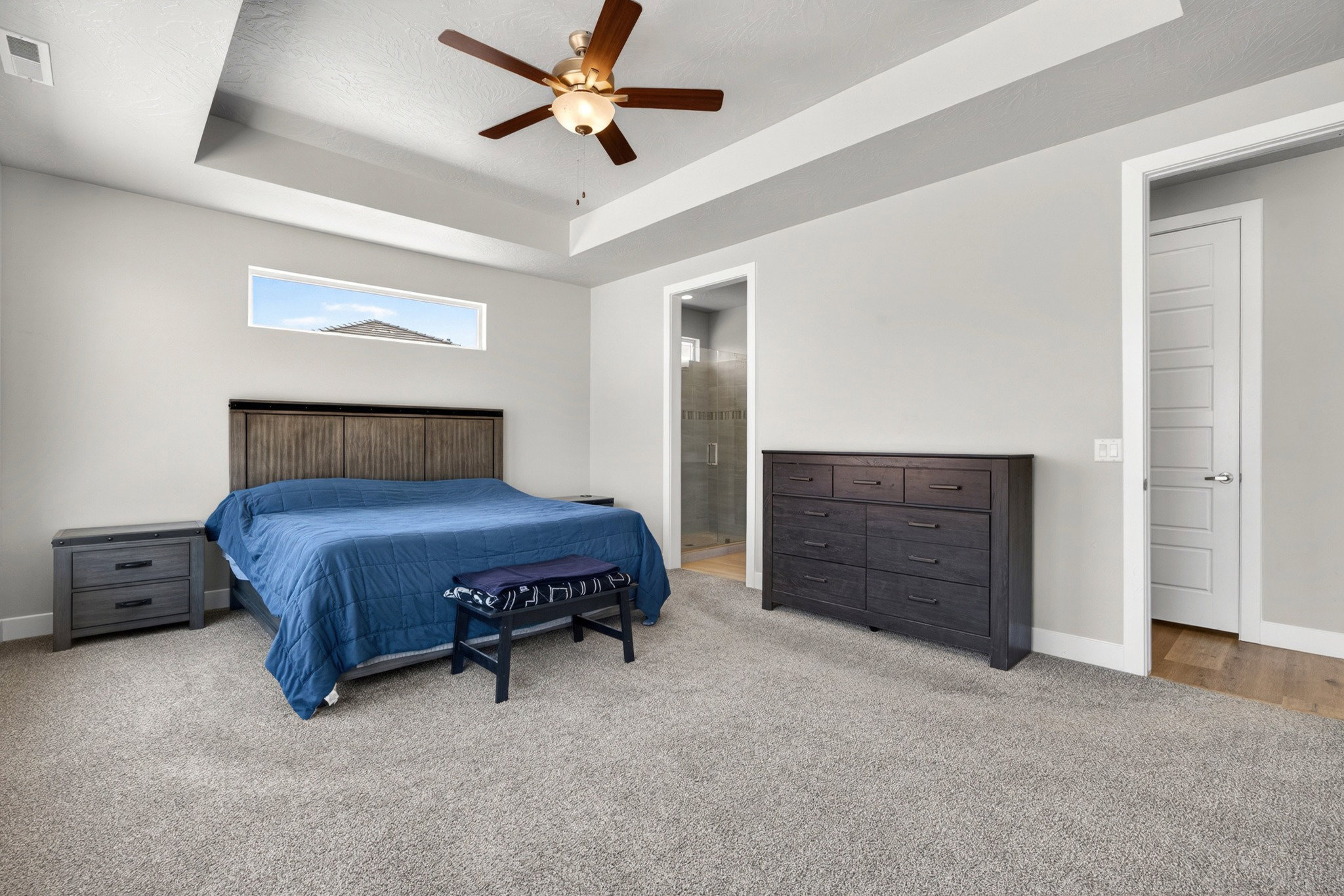 Bedroom featuring a tray ceiling with a ceiling fan, a horizontal window, and plush carpet flooring