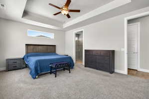 Bedroom featuring a tray ceiling with a ceiling fan, a horizontal window, and plush carpet flooring