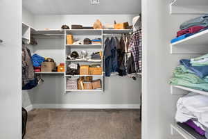 Walk-in closet featuring built-in shelving, chrome hanging rods, recessed lighting, and grey carpet flooring
