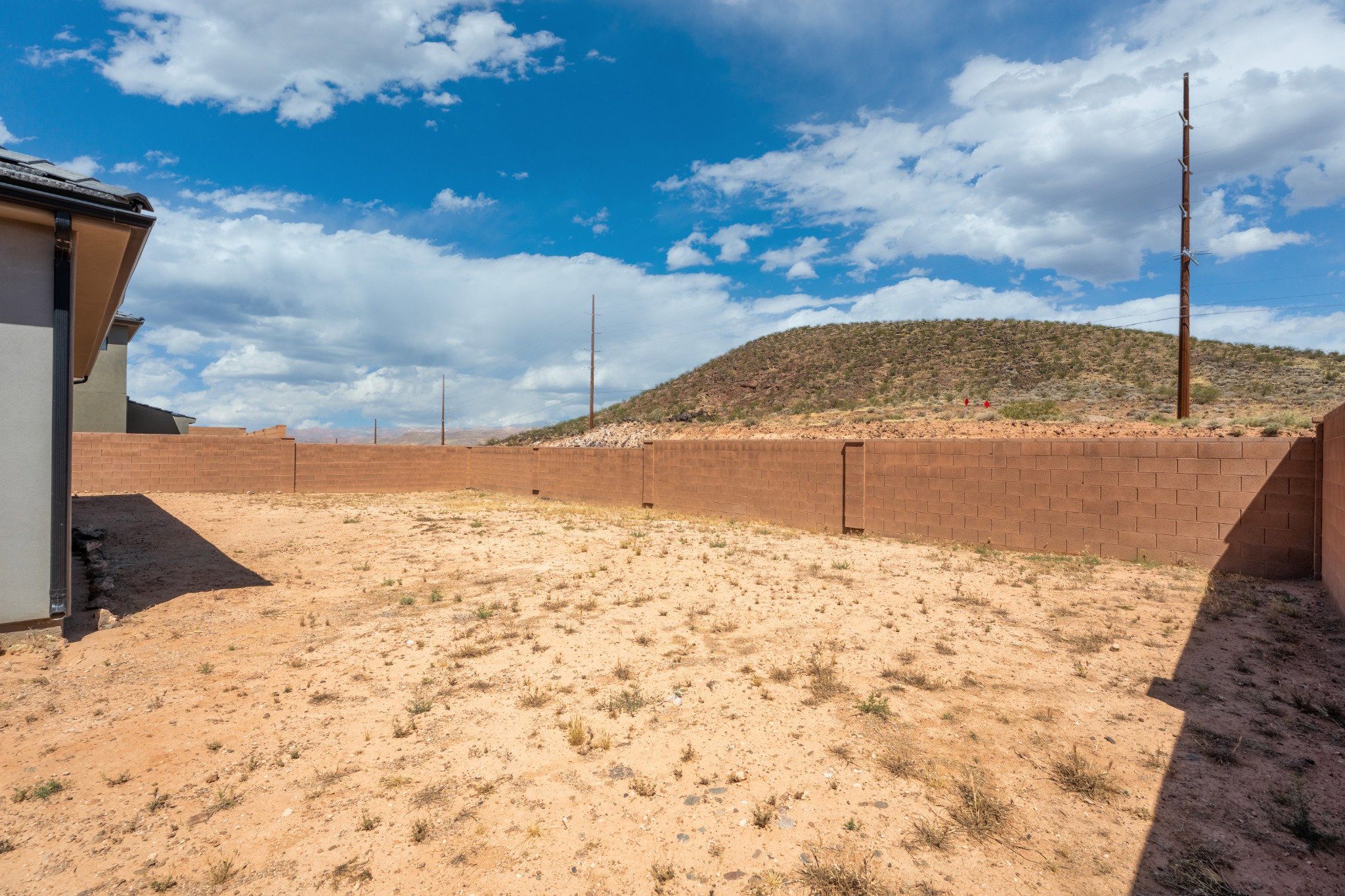 Expansive rear yard featuring block wall perimeter fencing and desert landscaping