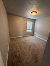 Bright interior space featuring neutral tone walls, brown carpeting, and a single window with blinds