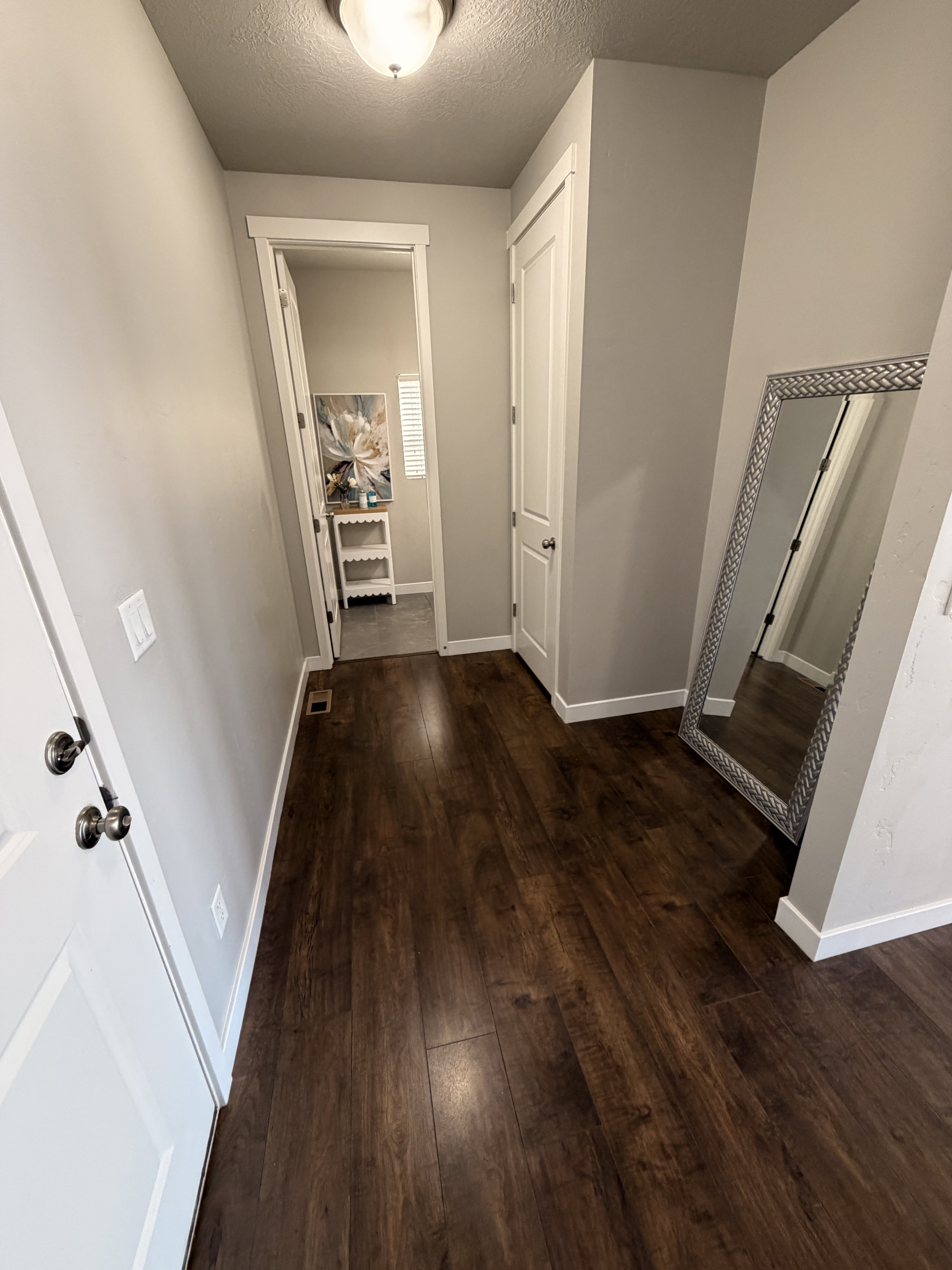 Dark wood-finish flooring extending through an entry area with light gray walls