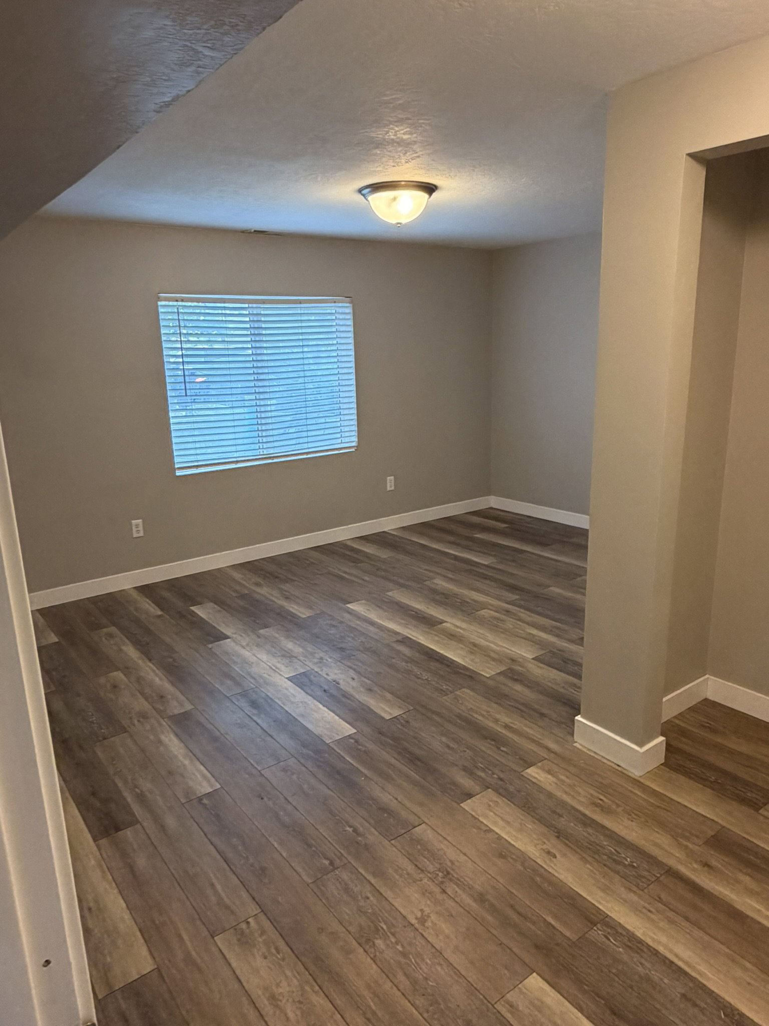 Interior space featuring wood-finish flooring, neutral wall paint, and white baseboards