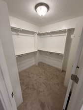 Spacious walk-in closet featuring white built-in shelving, chrome hanging rods, and neutral-toned carpeting