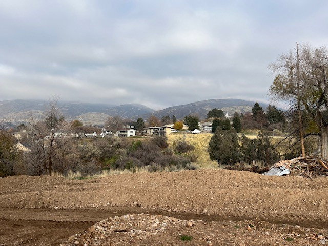Cleared lot featuring mountain backdrop, distant residential structures, and mature trees