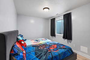 Light gray wall paint, recessed window with black curtain rods, single ceiling light fixture, and wood-finish flooring