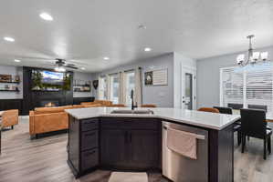 Open-concept living space featuring a kitchen island with built-in sink, stainless steel dishwasher, and light-toned countertop