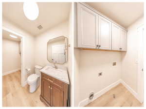 Combined powder room and laundry area featuring wood-finish flooring