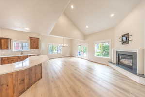 Open-concept living area with vaulted ceilings and wood-finish flooring