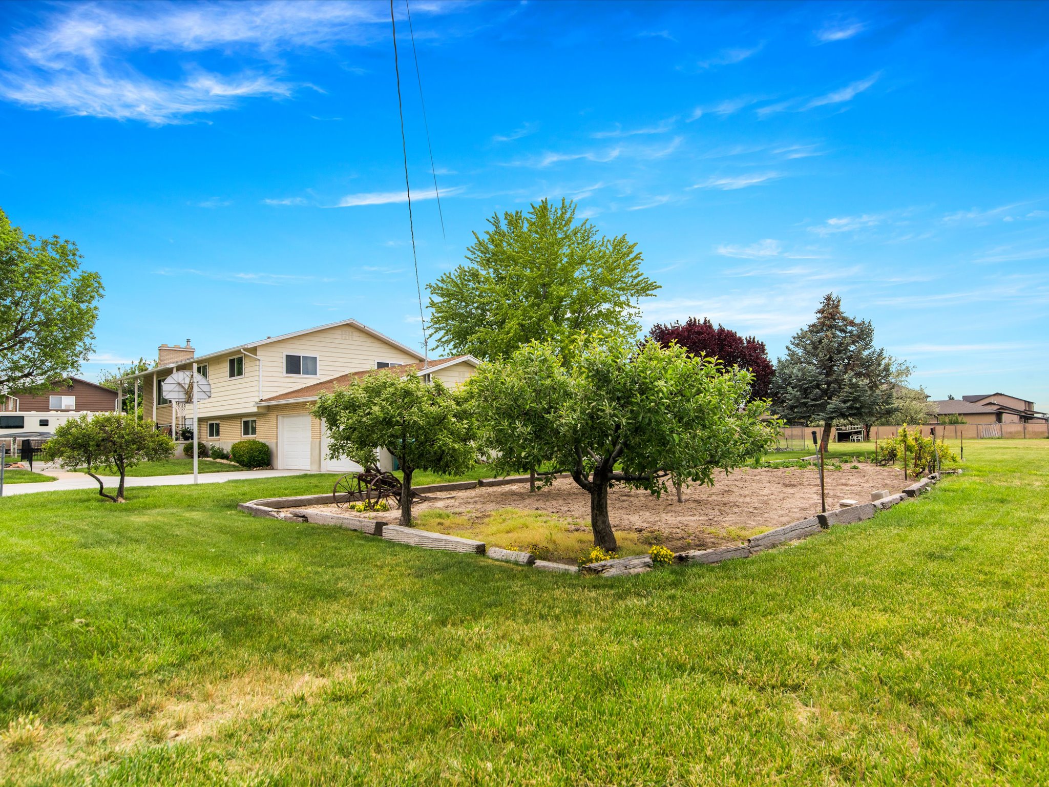 Expansive lawn area featuring a raised garden bed with mature trees, established perimeter fencing, and a basketball hoop