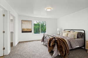 Spacious room featuring neutral paint, plush carpeting, a large window, and a built-in closet